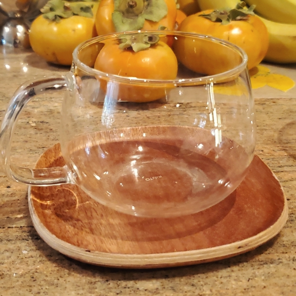 Kinto Glass Cups with Wooden Saucers (2  AVAILABLE)